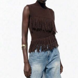 Fringed Sleeveless Knit Top - Deep Brown